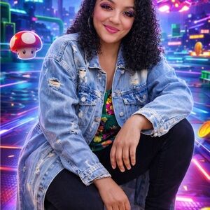 💙 Oversized Long Denim Jacket | Distressed Street Style